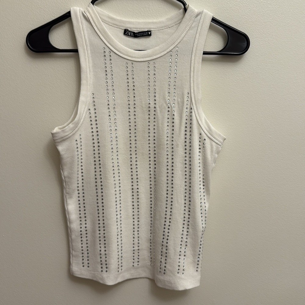 Zara White Rhinestone Ribbed Tank Top - Picture 4 of 9